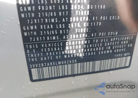 2020 Volkswagen Tiguan 2.0T Se/2.0T Se R-Line Black/2.0T Sel z USA, uszkodzony, nr VIN 3VV2B7AX5LM062536